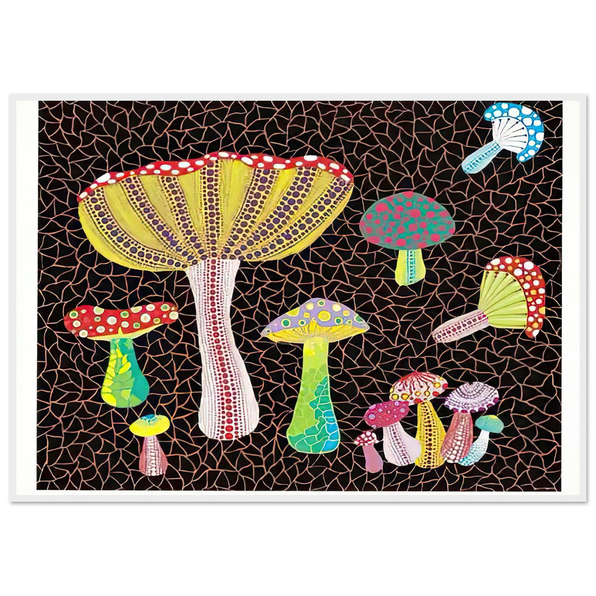 Yayoi Kusama framed print — Toadstools explores the eccentric shapes of woodland fungi, balancing rounded caps and slender supports, white frame, 70x100 cm / 28x40″