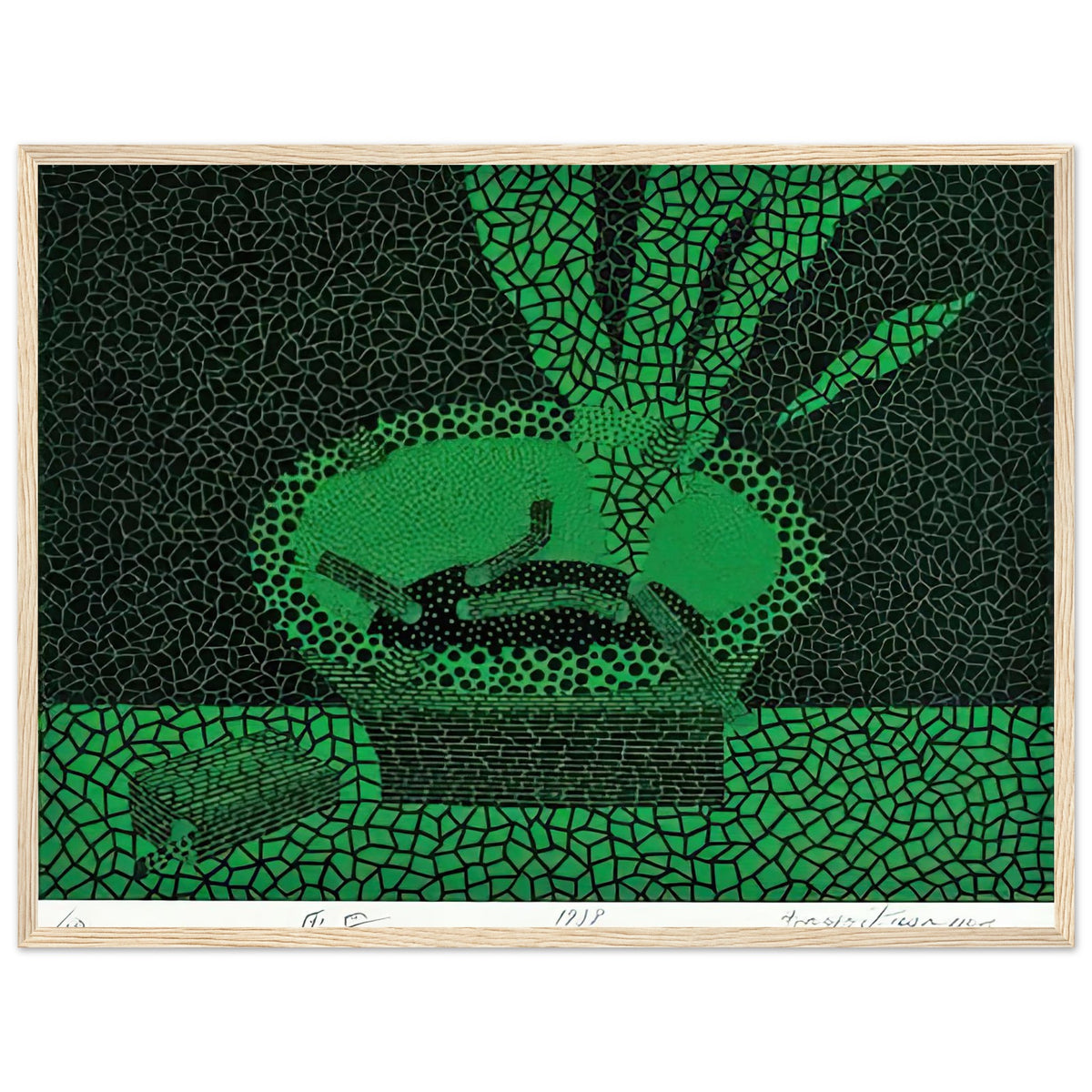 Yayoi Kusama framed print — The familiar outline of an ashtray becomes unexpectedly compelling in this early Kusama still-life subject, wood frame, 45x60 cm / 18x24″