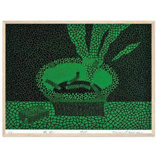 Yayoi Kusama framed print — The familiar outline of an ashtray becomes unexpectedly compelling in this early Kusama still-life subject, wood frame, 45x60 cm / 18x24″