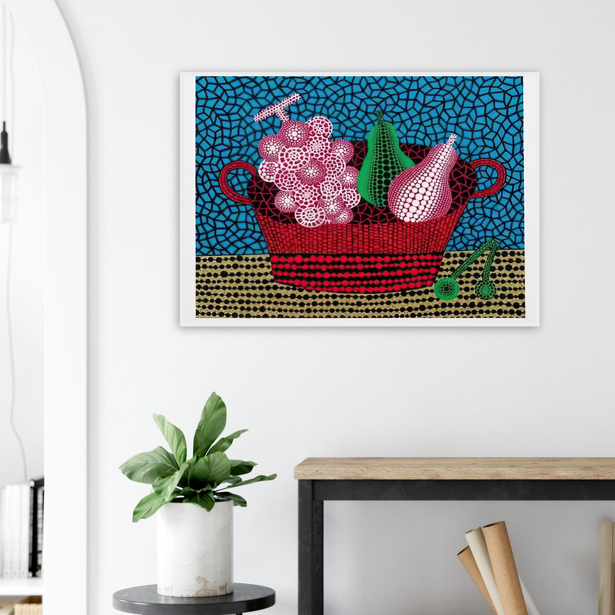 Yayoi Kusama framed print — Panier de Fruits II from Amour pour Toujours turns a basket of fruit into a lively decorative still life