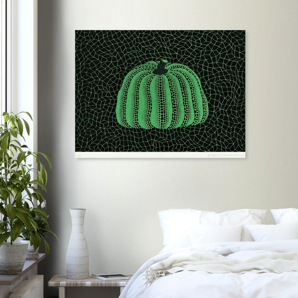 Yayoi Kusama poster — Pumpkin (Green, Version 2) presents Kusama’s familiar pumpkin through an explicitly green variation
