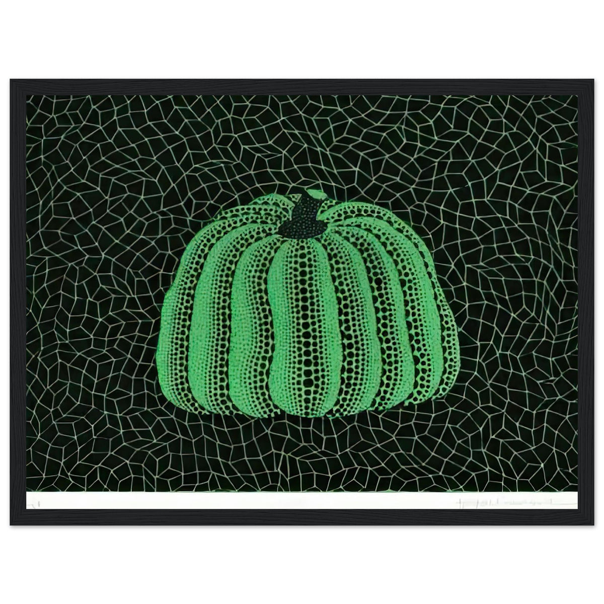 Yayoi Kusama framed print — Pumpkin (Green, Version 2) presents Kusama’s familiar pumpkin through an explicitly green variation, black frame, 30x40 cm / 12x16″