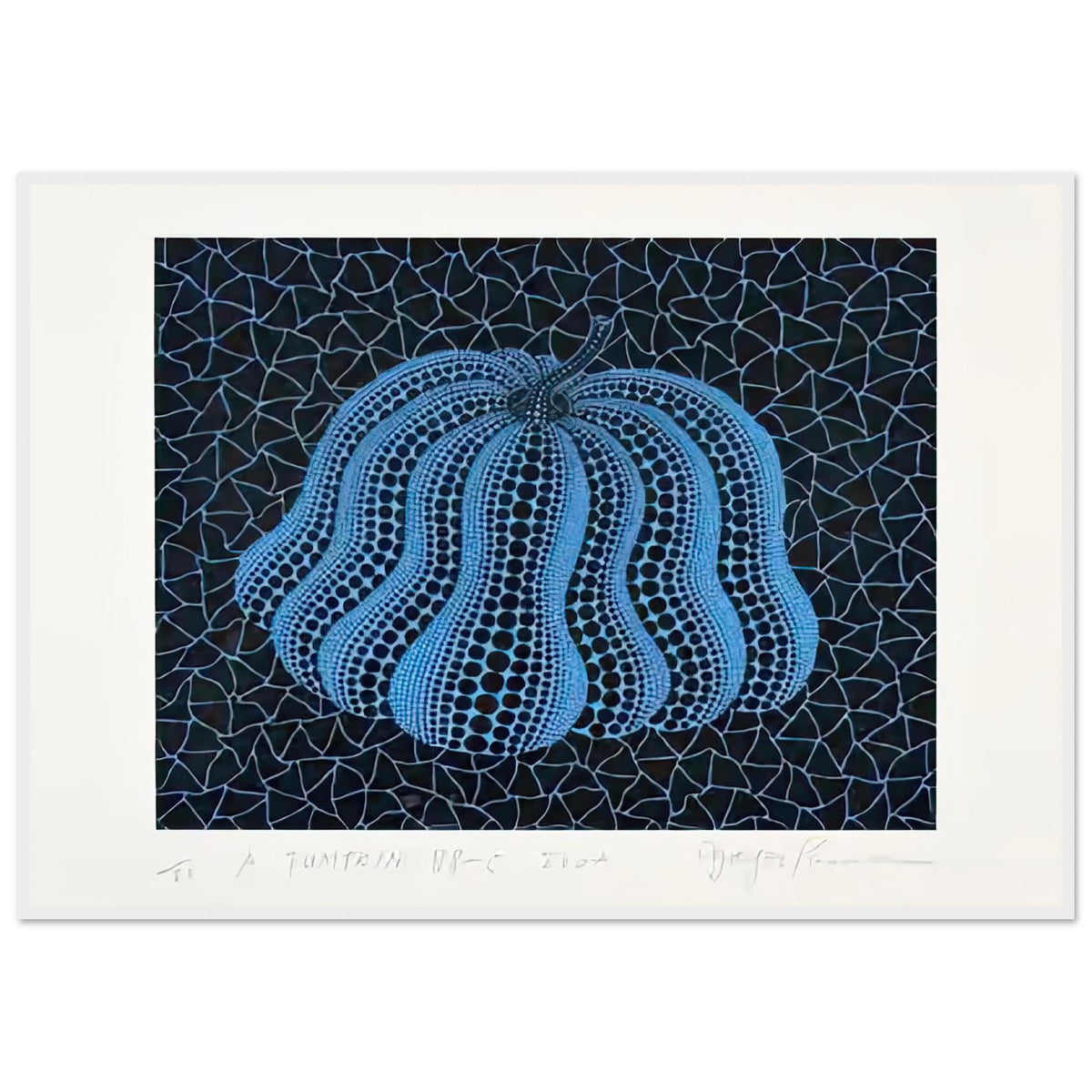 Yayoi Kusama framed print — Pumpkin (BB-C) [Kusama 330] revisits Kusama’s best-known vegetable through the relationship between its distinctive form and repeating ornament, white frame, 70x100 cm / 28x40″