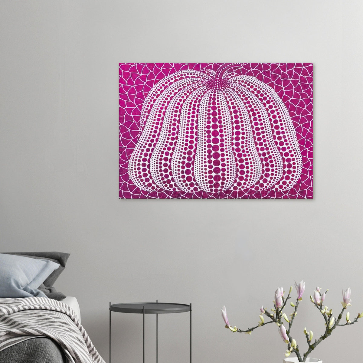 Yayoi Kusama canvas print — Pumpkin Purple presents Kusama’s familiar pumpkin through an explicitly purple variation