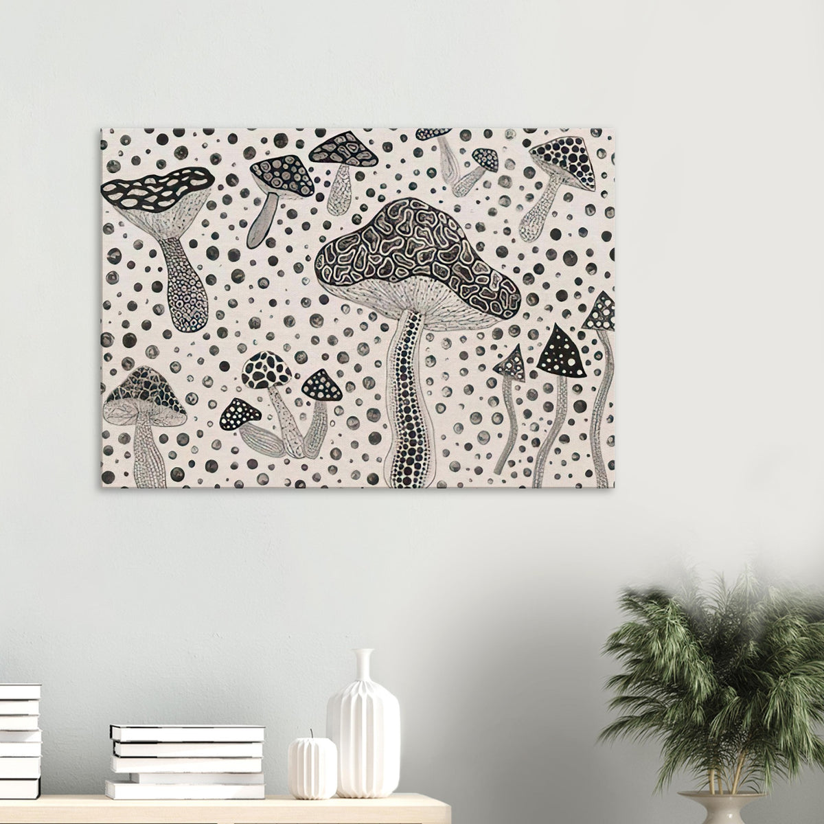 Yayoi Kusama canvas print — Mushrooms brings a humble woodland organism into Kusama’s world of organic growth and proliferating forms