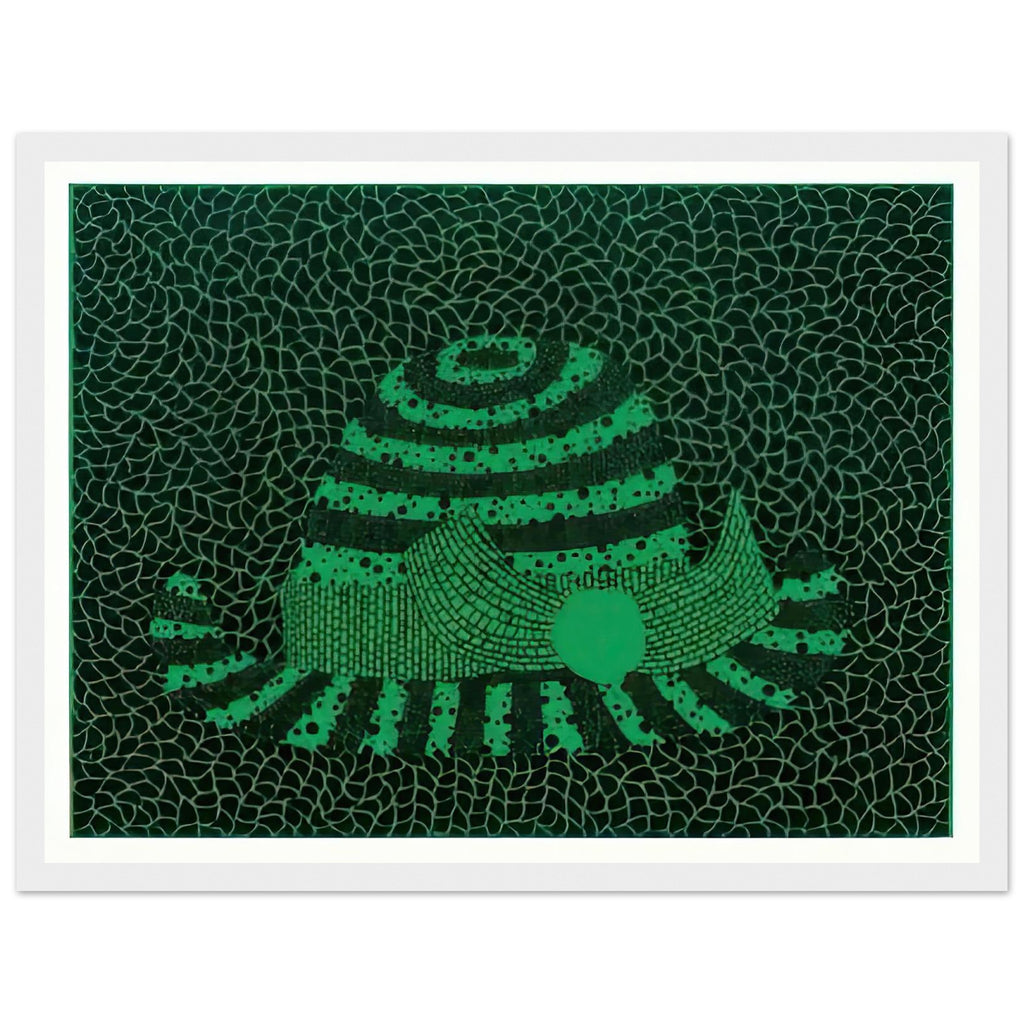 Yayoi Kusama framed print — Hat (Green) presents a familiar accessory as an exercise in changing color and graphic character, white frame, 30x40 cm / 12x16″