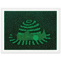 Yayoi Kusama framed print — Hat (Green) presents a familiar accessory as an exercise in changing color and graphic character, white frame, 30x40 cm / 12x16″