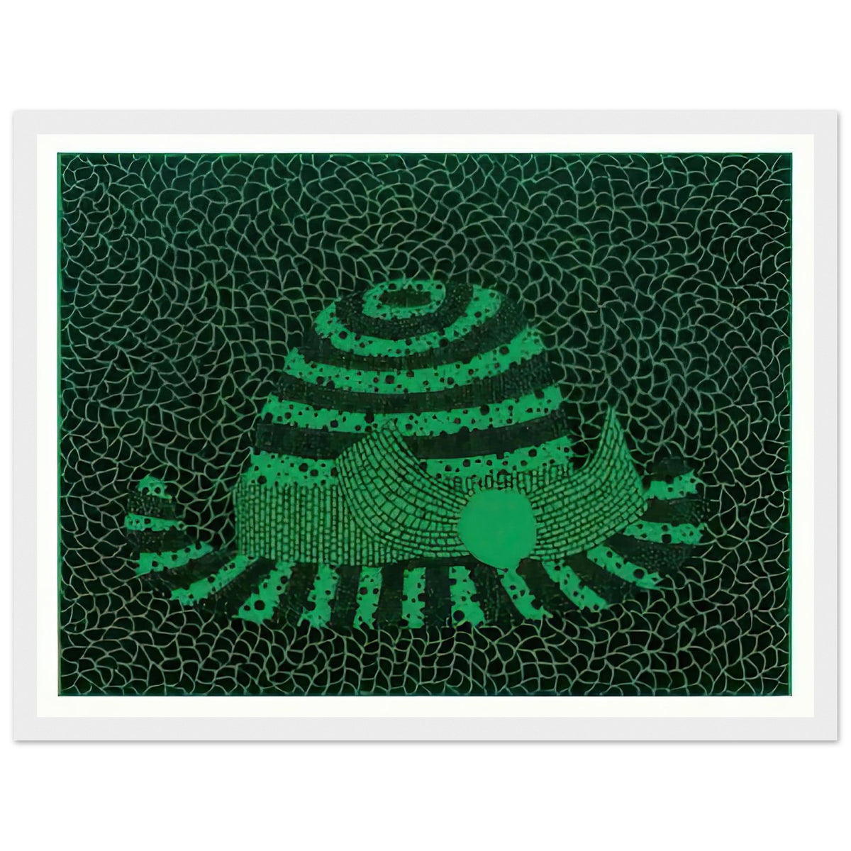 Yayoi Kusama framed print — Hat (Green) presents a familiar accessory as an exercise in changing color and graphic character, white frame, 30x40 cm / 12x16″