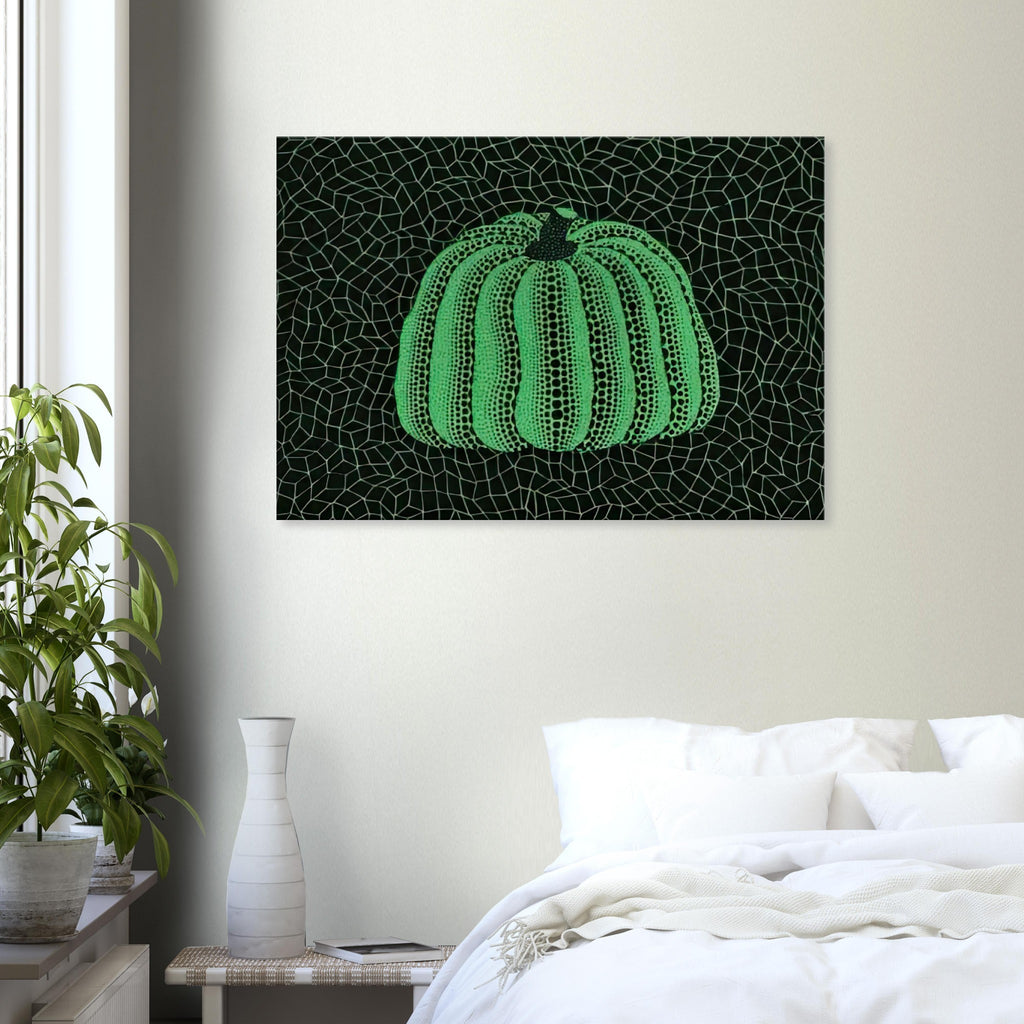 Yayoi Kusama canvas print — Pumpkin (Green, Version 2) presents Kusama’s familiar pumpkin through an explicitly green variation