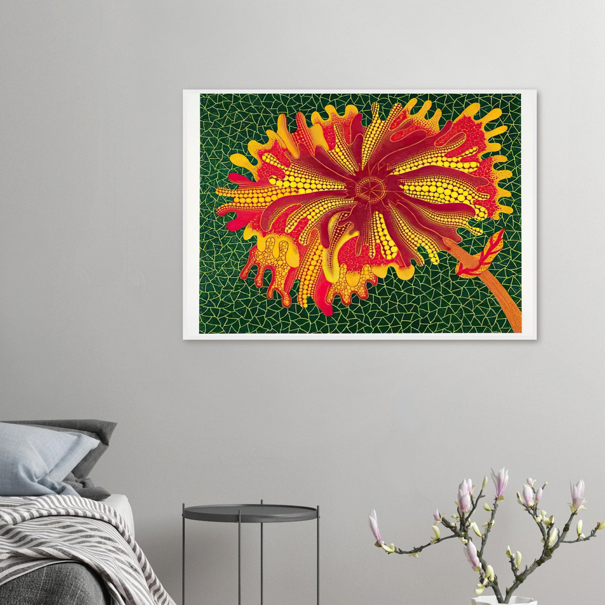 Yayoi Kusama framed print — Flower (A) treats a single flowering motif as a complete visual world