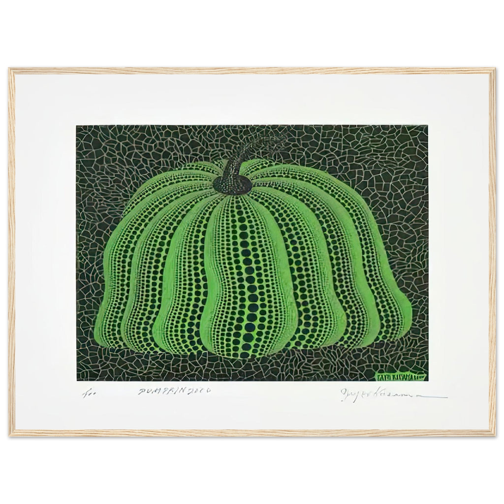 Yayoi Kusama framed print — Pumpkin 2000 (Green) uses a green treatment to reinterpret one of Kusama’s most affectionate subjects