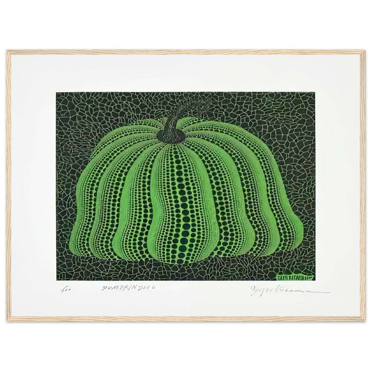 Yayoi Kusama framed print — Pumpkin 2000 (Green) uses a green treatment to reinterpret one of Kusama’s most affectionate subjects, wood frame, 60x80 cm / 24x32″