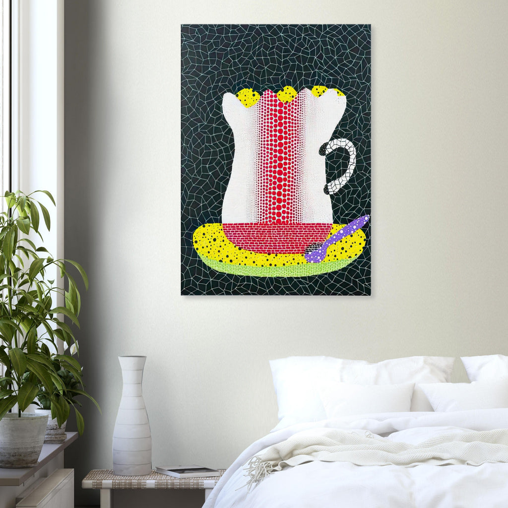 Yayoi Kusama canvas print — A single coffee cup becomes an unlikely protagonist in this composition