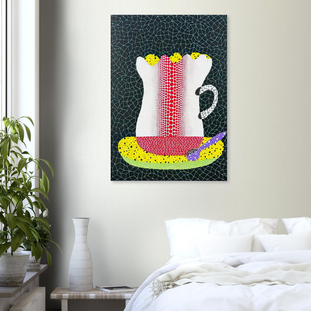 Yayoi Kusama canvas print — A single coffee cup becomes an unlikely protagonist in this composition