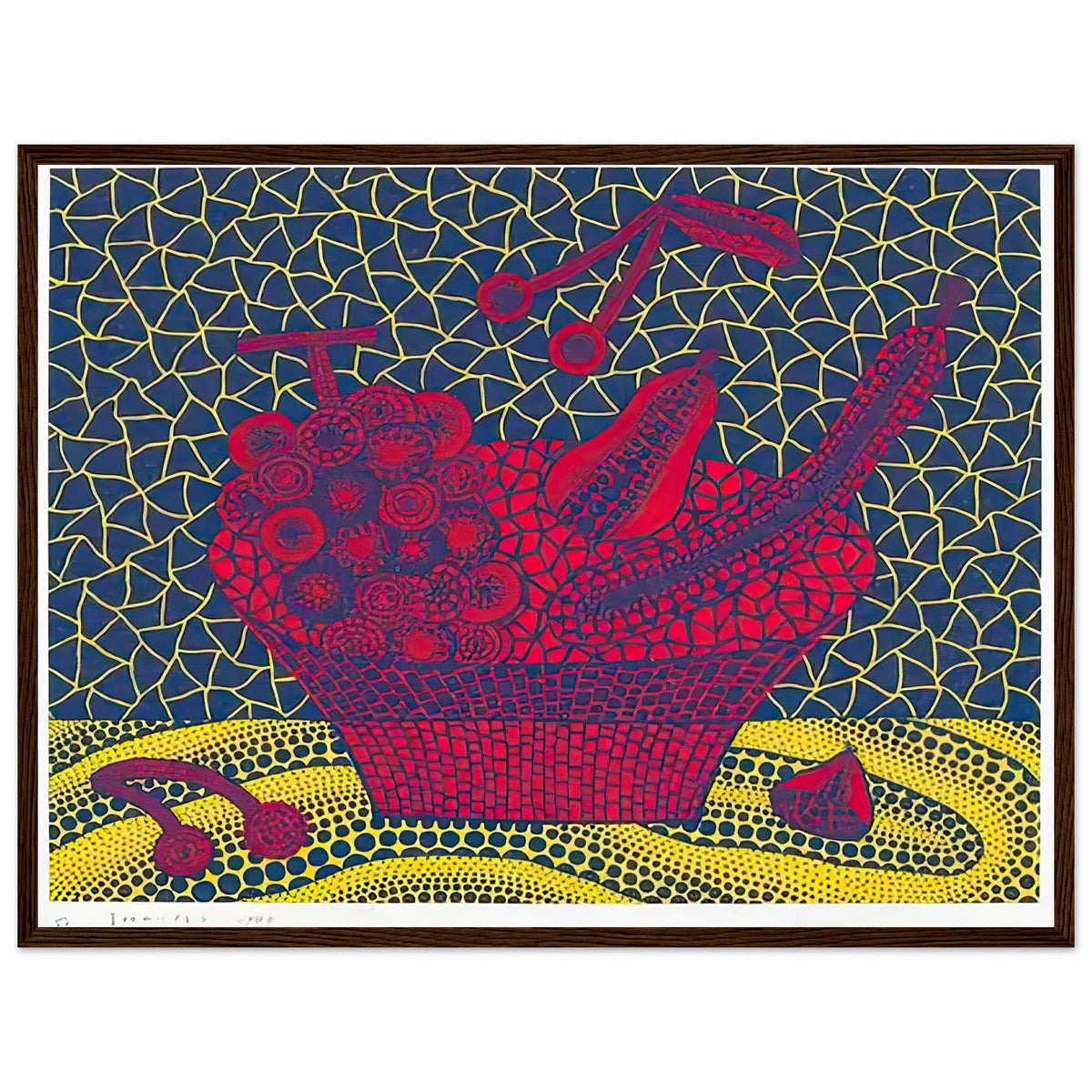 Yayoi Kusama framed print — Fruit Basket (5) by Yayoi Kusama explores one of the artist’s recurring subjects: the abundance of ordinary fruit, dark wood frame, 45x60 cm / 18x24″