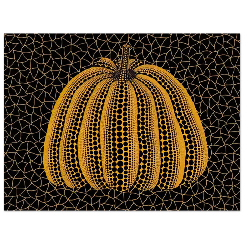 Yayoi Kusama poster — Pumpkin (YY) [Kusama 231] revisits Kusama’s best-known vegetable through the relationship between its distinctive form and repeating ornament, 15x20 cm / 6x8″