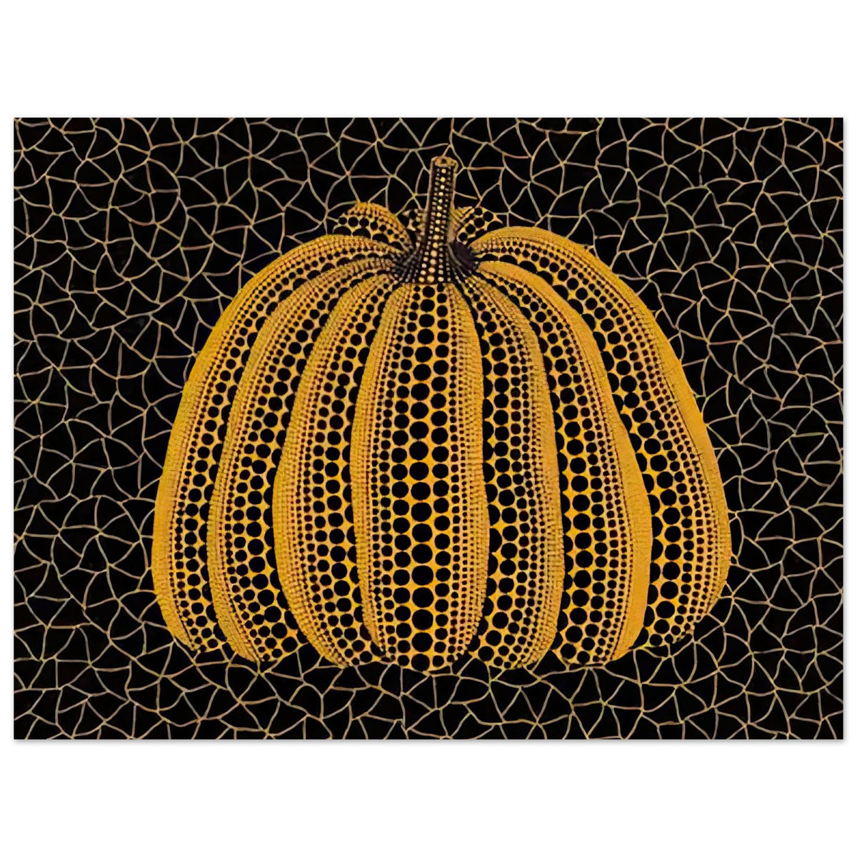 Yayoi Kusama poster — Pumpkin (YY) [Kusama 231] revisits Kusama’s best-known vegetable through the relationship between its distinctive form and repeating ornament, 15x20 cm / 6x8″