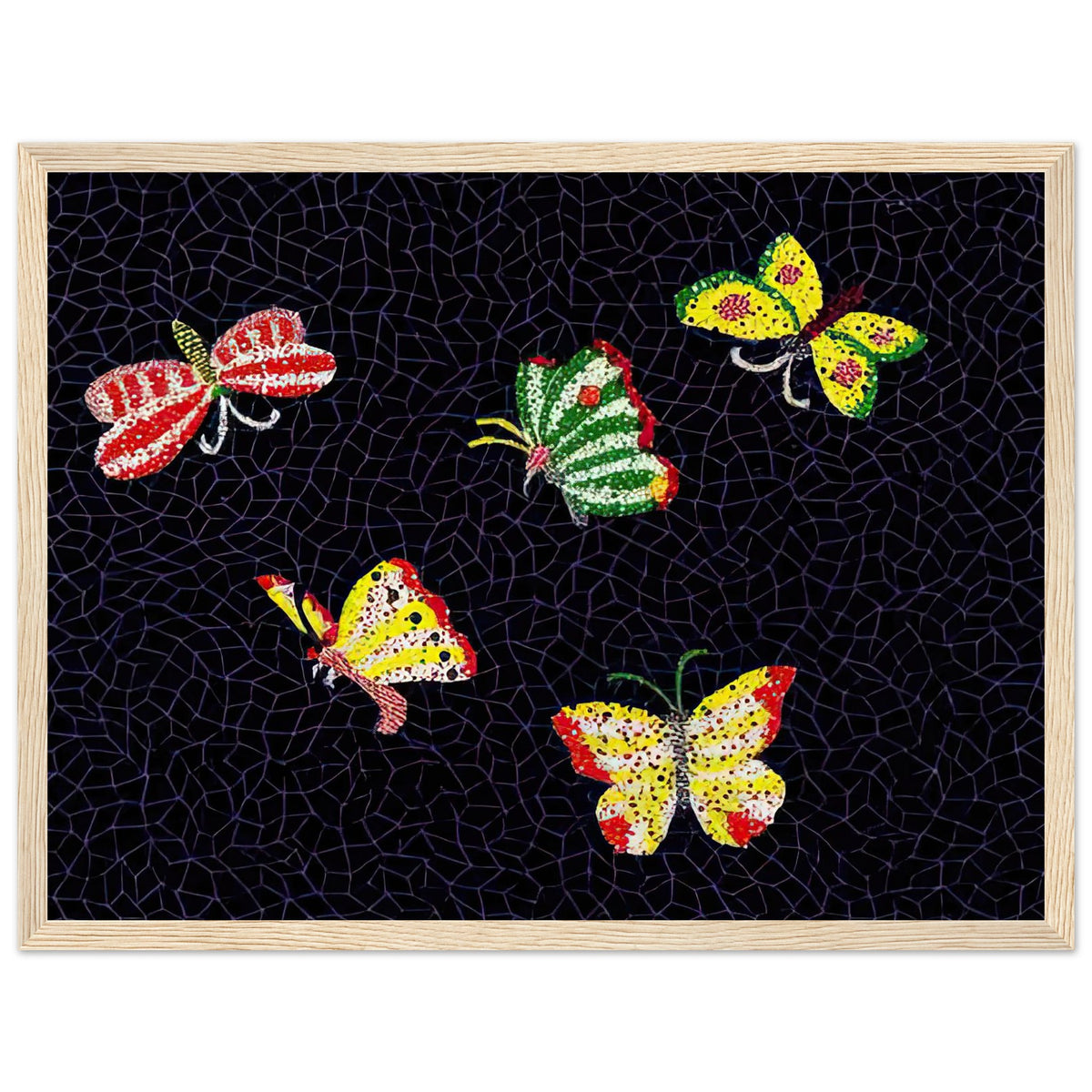 Yayoi Kusama framed print — Butterfly [Kusama 82] by Yayoi Kusama takes the lightness of a butterfly and gives it graphic intensity through pattern, wood frame, 30x40 cm / 12x16″