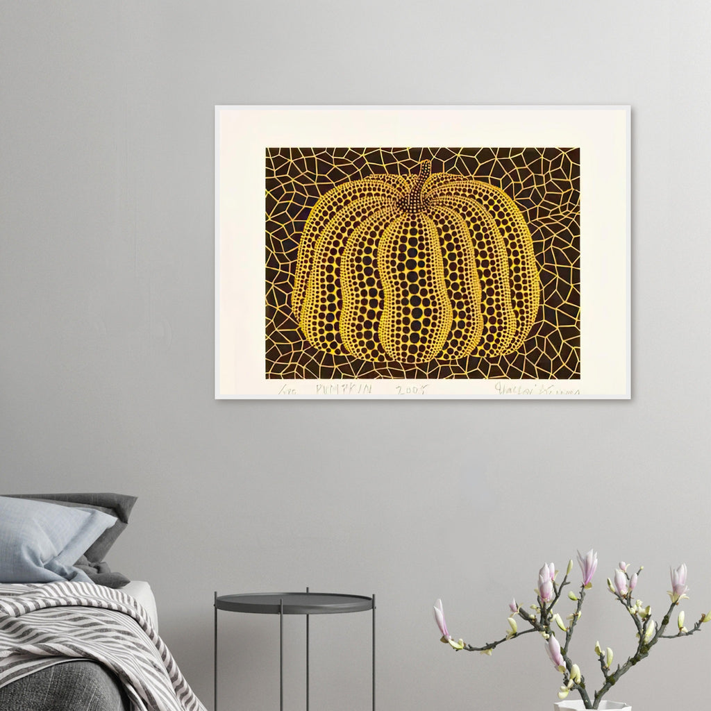 Yayoi Kusama framed print — Small Pumpkin focuses on a compact, approachable version of Kusama’s most familiar motif