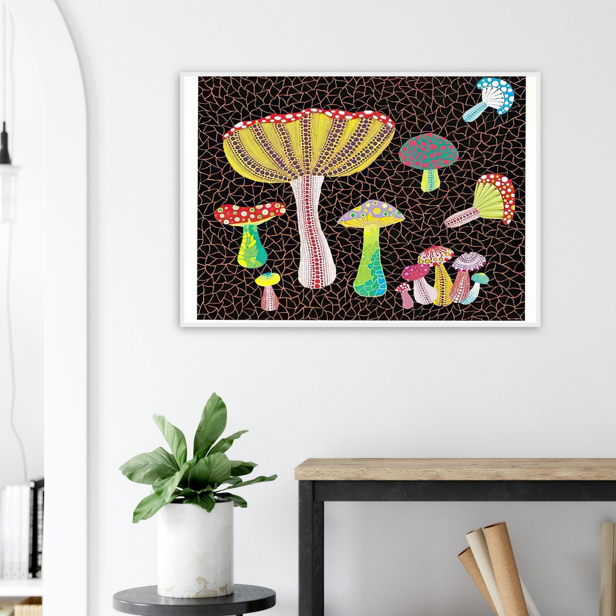 Yayoi Kusama framed print — Toadstools explores the eccentric shapes of woodland fungi, balancing rounded caps and slender supports