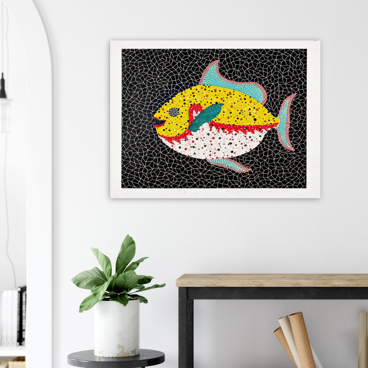 Yayoi Kusama poster — Fish gives the fish’s streamlined body and sense of underwater movement a graphic role