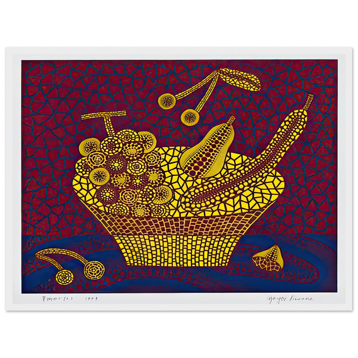 Yayoi Kusama framed print — Fruit Basket (2) by Yayoi Kusama explores one of the artist’s recurring subjects: the abundance of ordinary fruit, white frame, 45x60 cm / 18x24″