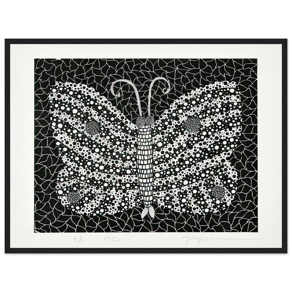 Yayoi Kusama framed print — Butterfly [Kusama 18] by Yayoi Kusama takes the lightness of a butterfly and gives it graphic intensity through pattern, black frame, 45x60 cm / 18x24″