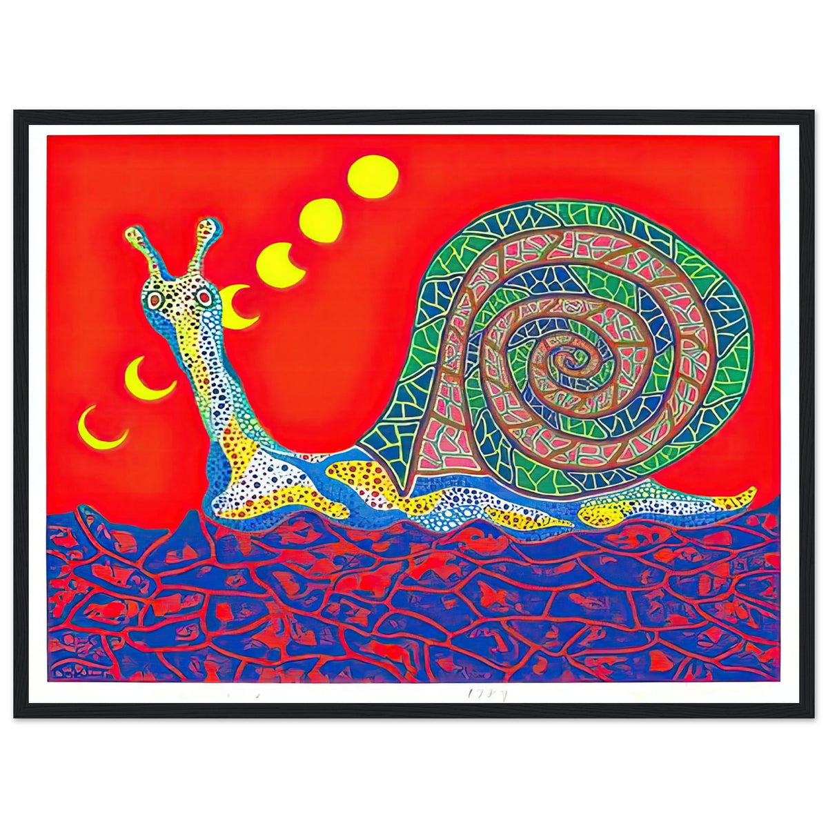 Yayoi Kusama framed print — Snail takes a slow-moving creature and makes its spiral shell and delicate movement the center of attention, black frame, 45x60 cm / 18x24″