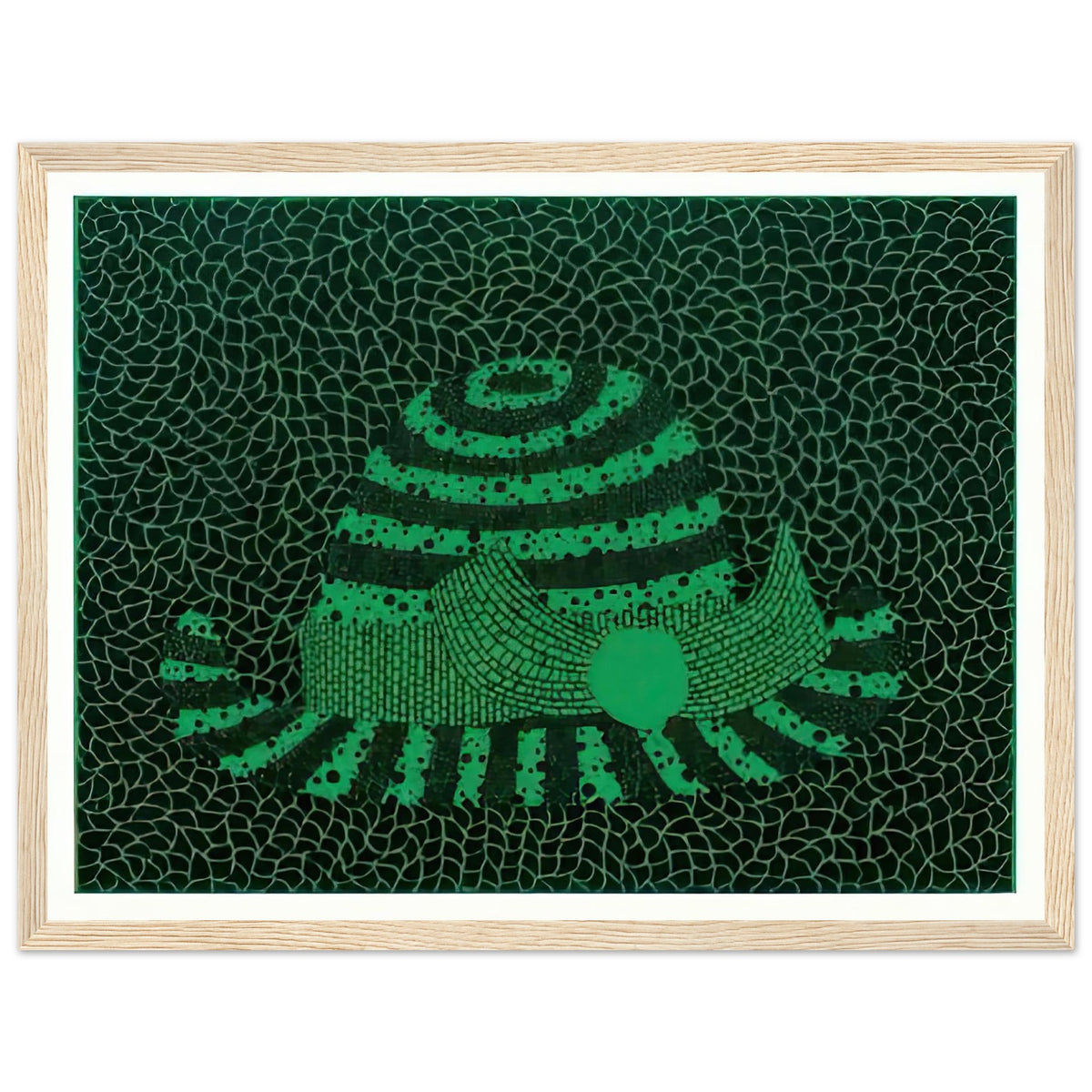 Yayoi Kusama framed print — Hat (Green) presents a familiar accessory as an exercise in changing color and graphic character, wood frame, 30x40 cm / 12x16″