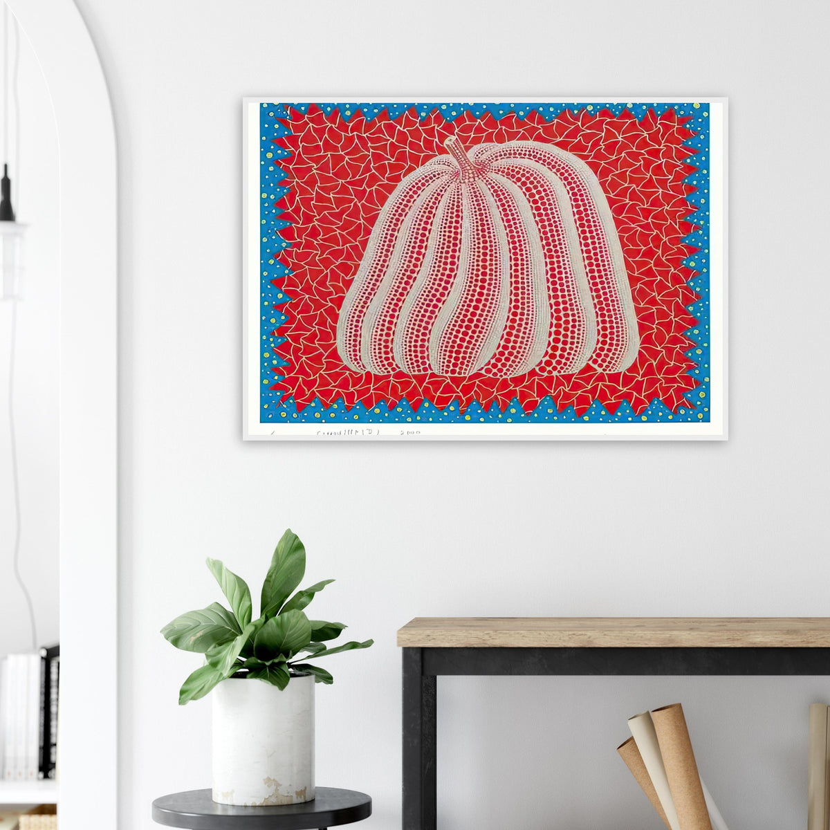 Yayoi Kusama framed print — Citrouille II from Amour pour Toujours gives Kusama’s beloved pumpkin a celebratory role within a portfolio devoted to love