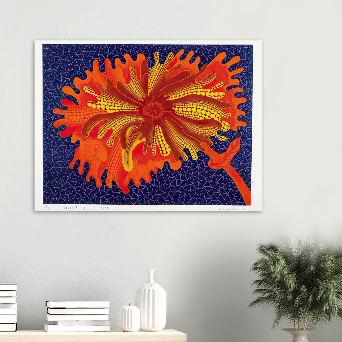 Yayoi Kusama poster — Flower (C) treats a single flowering motif as a complete visual world