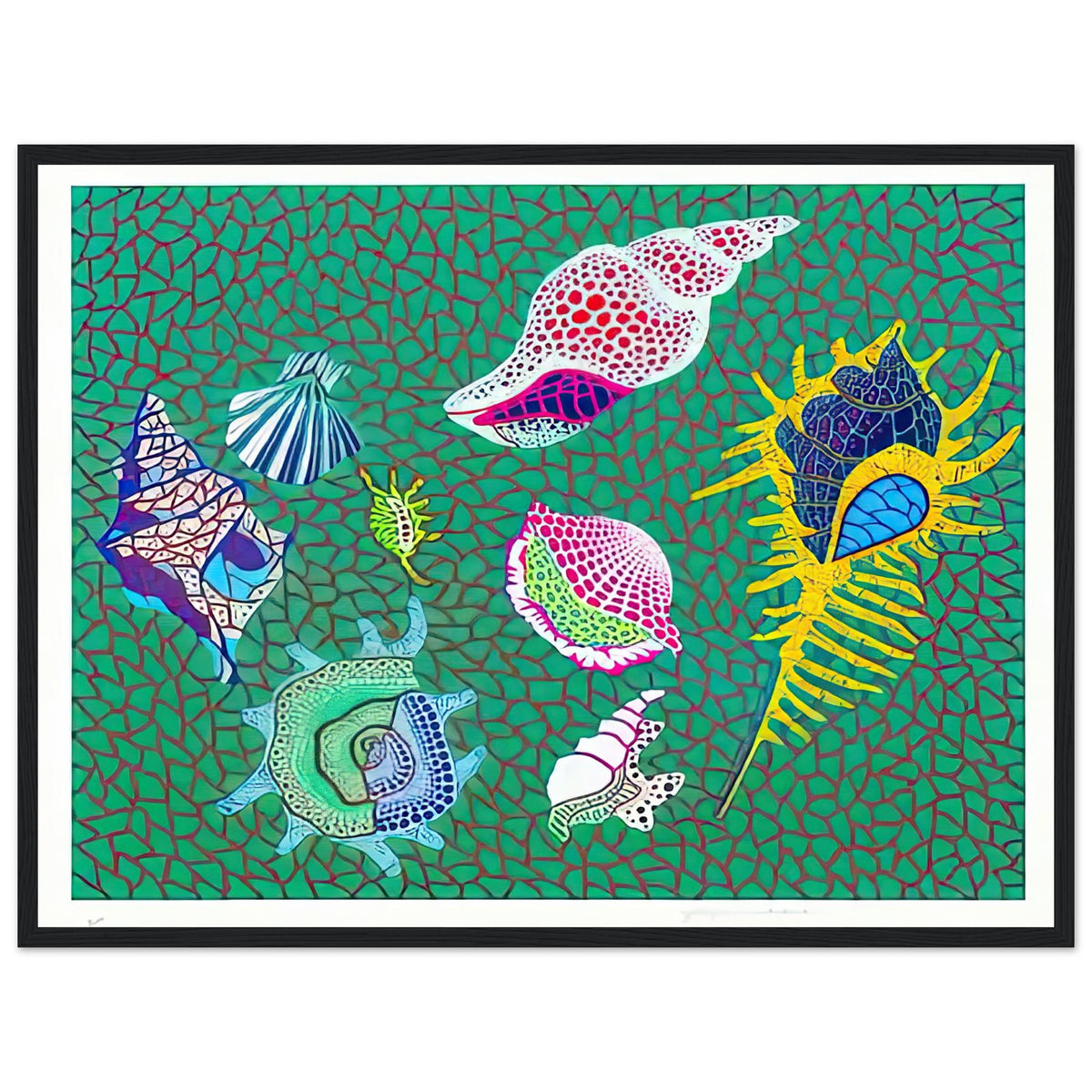 Yayoi Kusama framed print — Shells draws attention to small natural objects whose curved structures and repeating ridges are already pattern-like, black frame, 45x60 cm / 18x24″