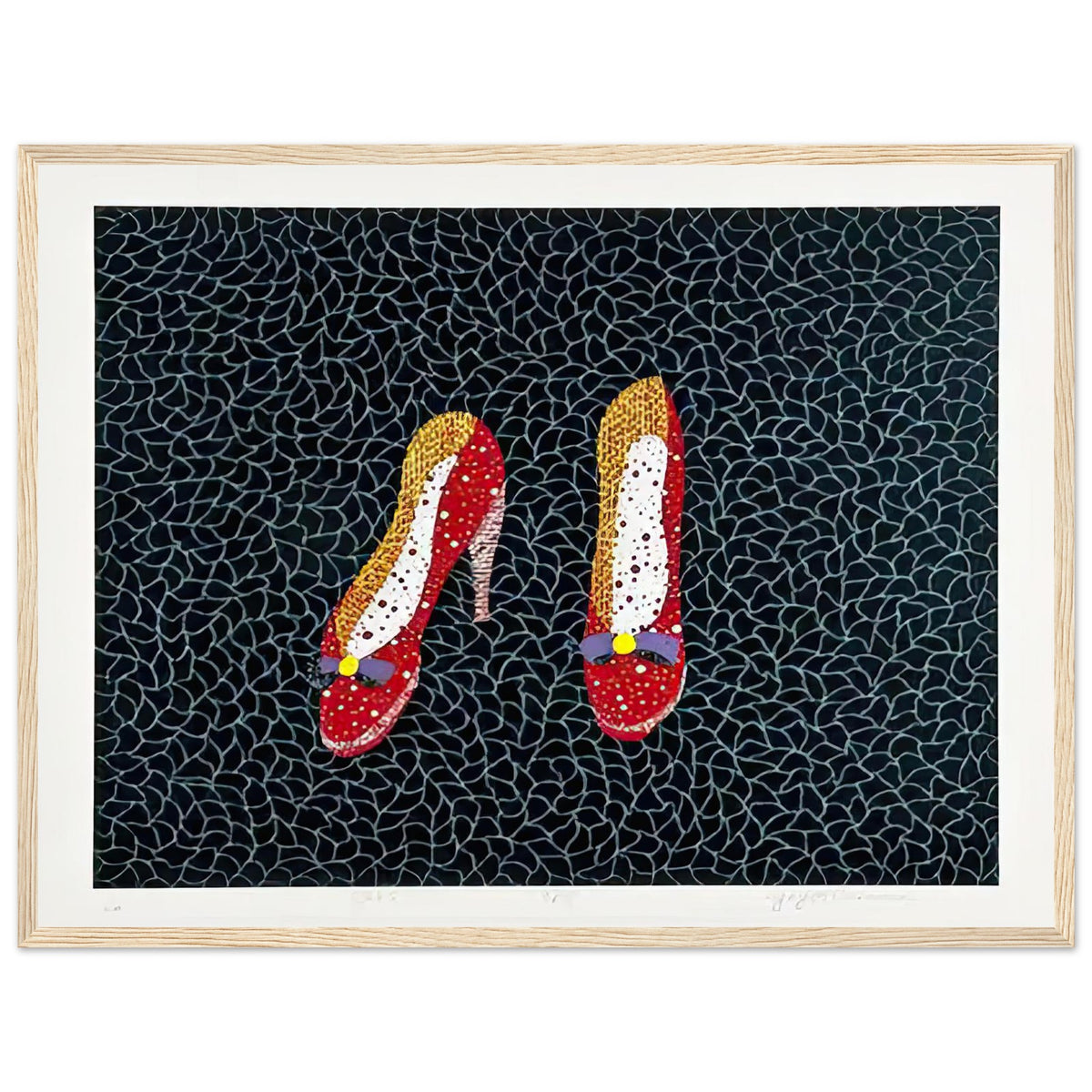 Yayoi Kusama framed print — Shoes (2) turns a footwear object into an image about shape, balance and individuality, wood frame, 45x60 cm / 18x24″