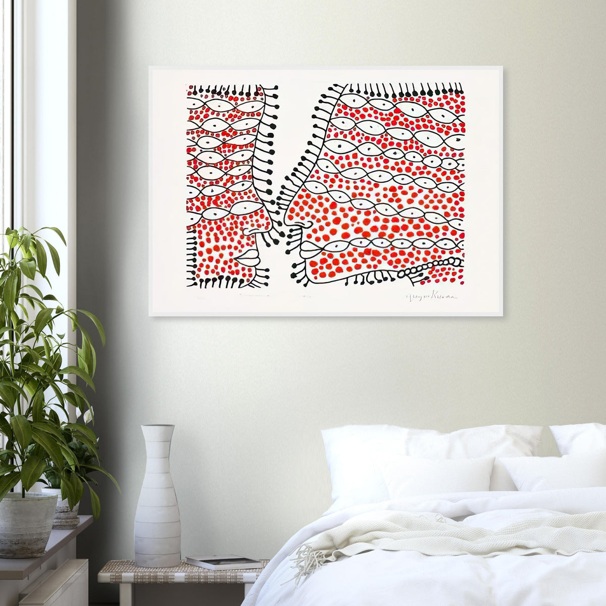 Yayoi Kusama framed print — Beginning of Love suggests an intimate emotional moment expressed through Kusama’s recurring language of patterns and simple forms