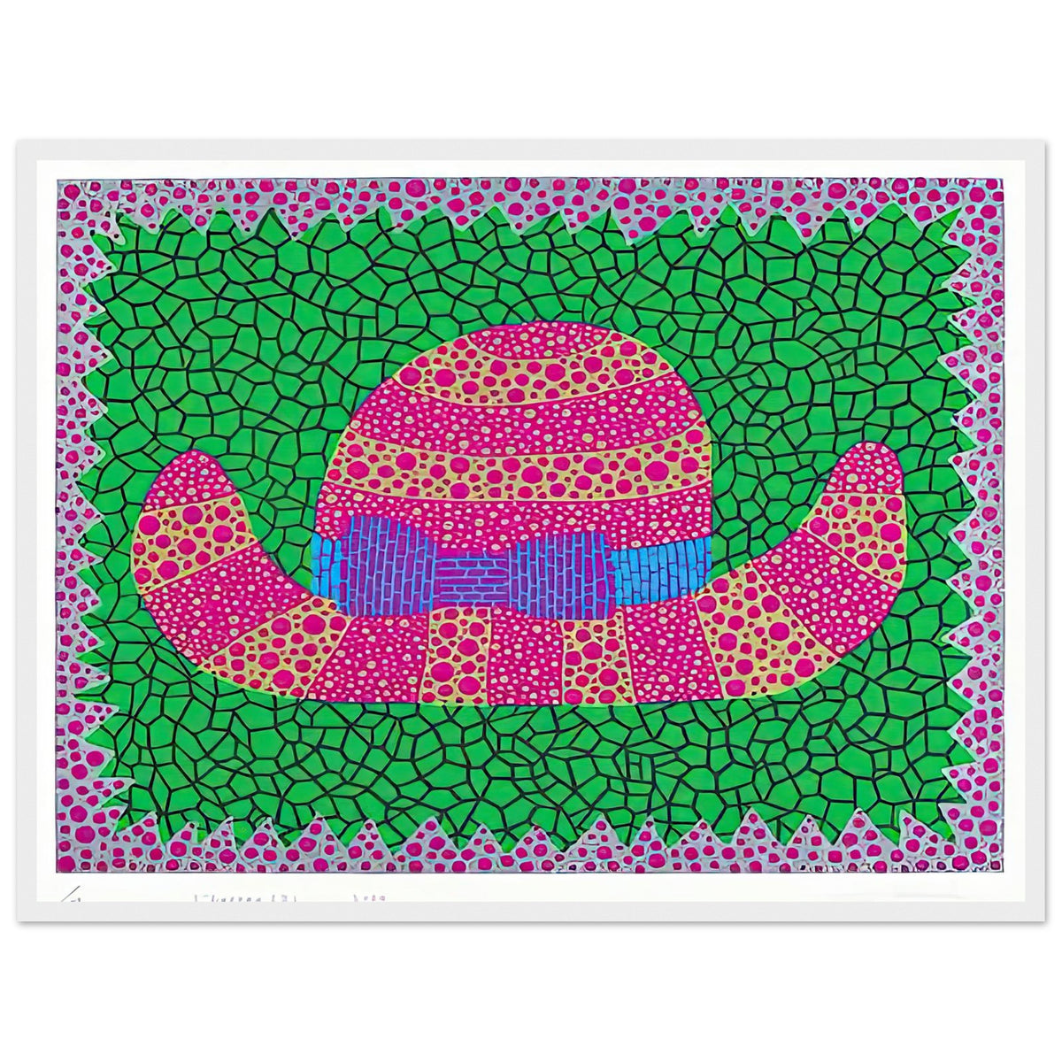 Yayoi Kusama framed print — Hat II turns an everyday hat into a subject for playful observation, white frame, 45x60 cm / 18x24″