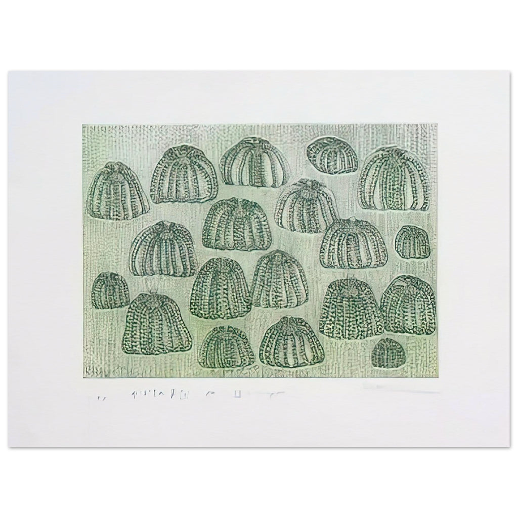 Yayoi Kusama poster — Pumpkin Army (green) turns a single familiar vegetable into a collective presence, 15x20 cm / 6x8″