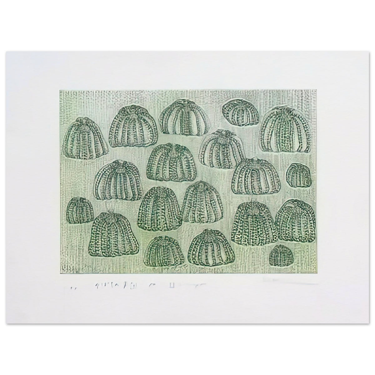 Yayoi Kusama poster — Pumpkin Army (green) turns a single familiar vegetable into a collective presence, 15x20 cm / 6x8″