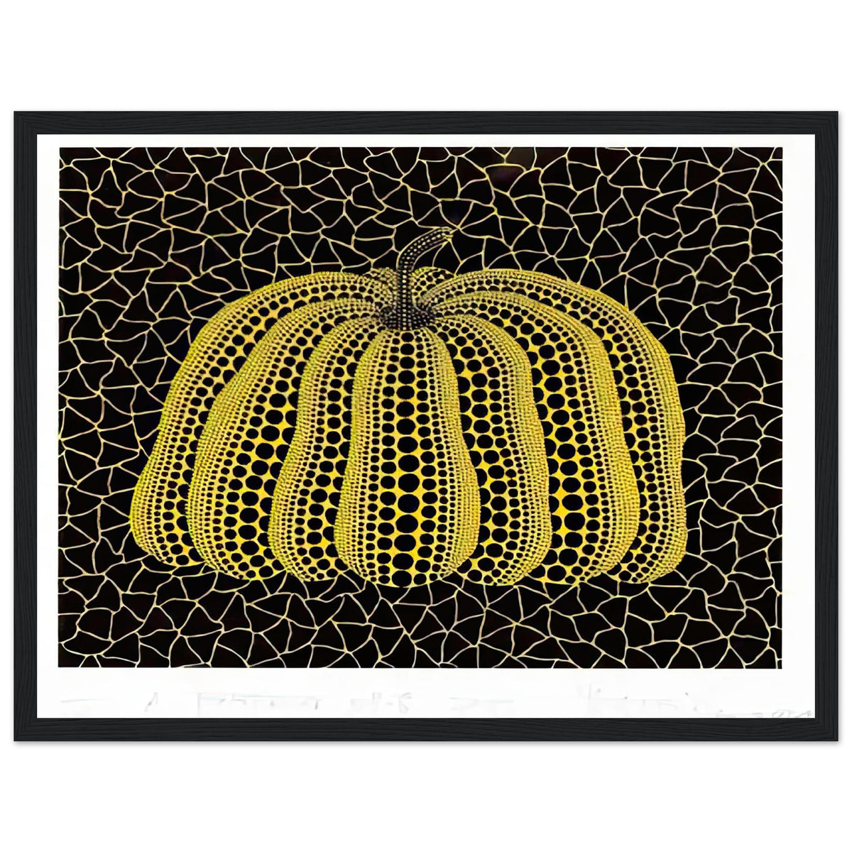 Yayoi Kusama framed print — Pumpkin (YB-B) [Kusama 327] revisits Kusama’s best-known vegetable through the relationship between its distinctive form and repeating ornament, black frame, 30x40 cm / 12x16″