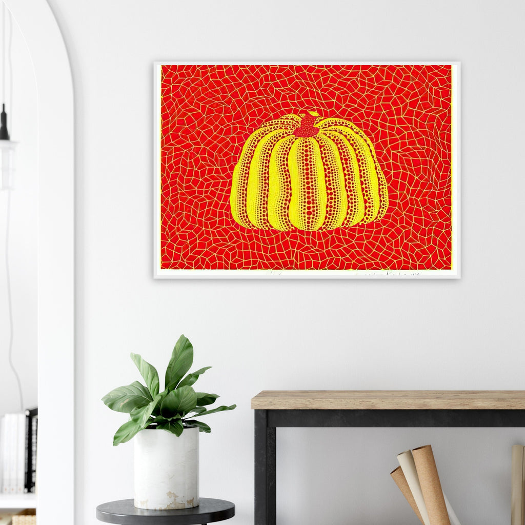 Yayoi Kusama framed print — Pumpkin Orange presents Kusama’s familiar pumpkin through an explicitly orange variation