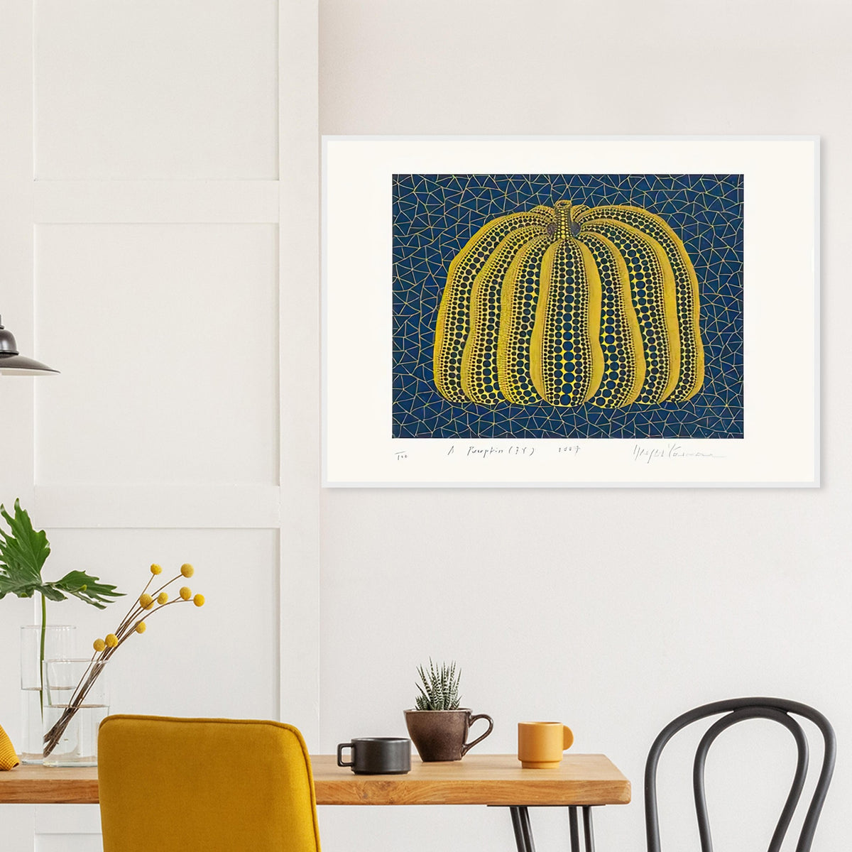 Yayoi Kusama framed print — Pumpkin (BY) [Kusama 319] revisits Kusama’s best-known vegetable through the relationship between its distinctive form and repeating ornament