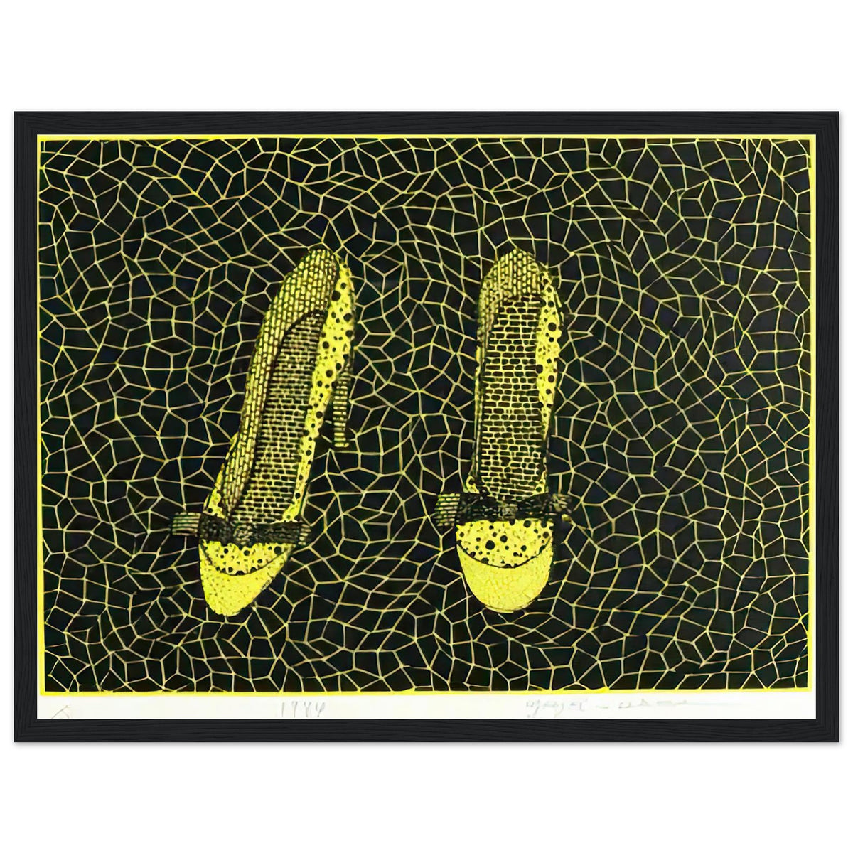 Yayoi Kusama framed print — Shoes (3) turns a footwear object into an image about shape, balance and individuality, black frame, 30x40 cm / 12x16″