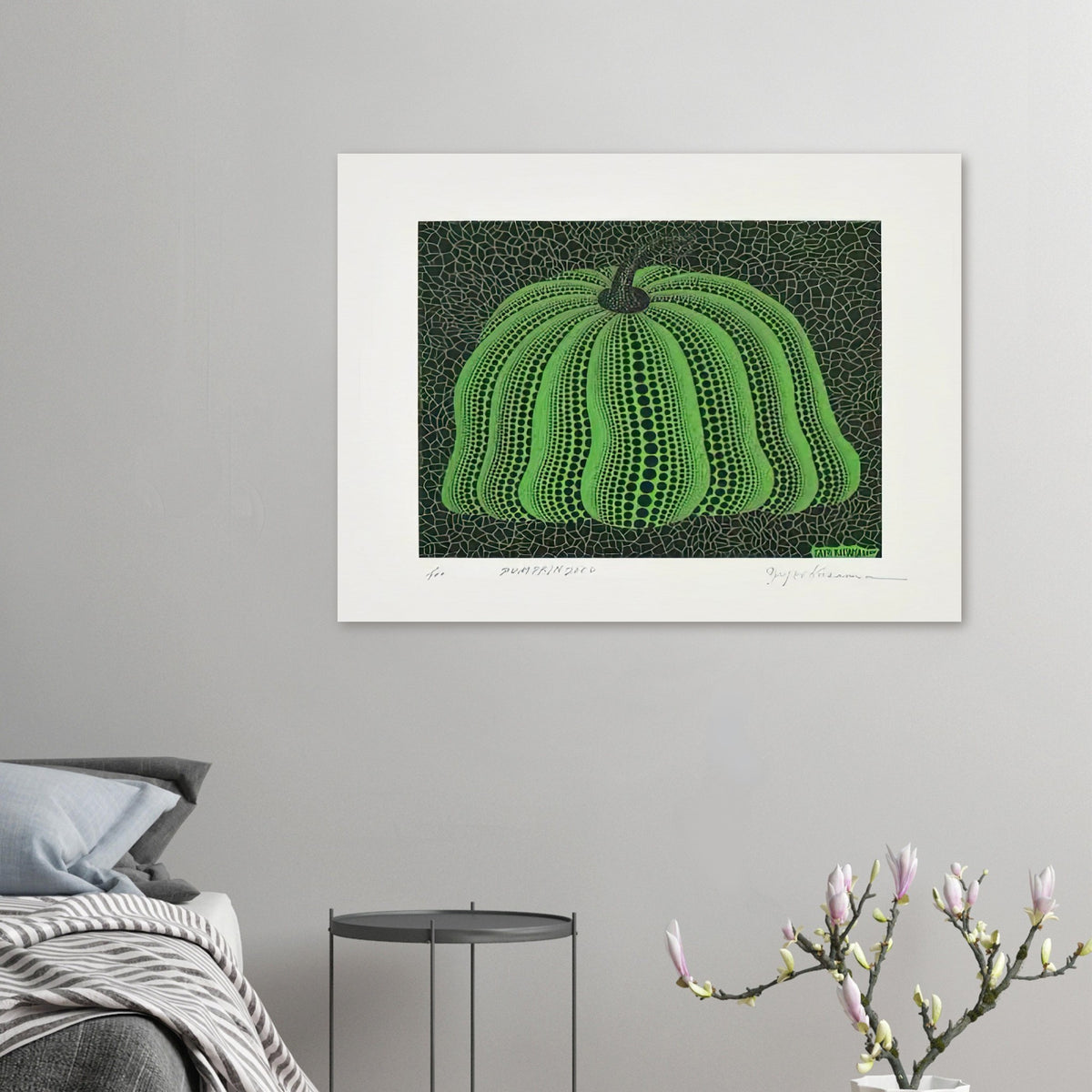 Yayoi Kusama poster — Pumpkin 2000 (Green) uses a green treatment to reinterpret one of Kusama’s most affectionate subjects