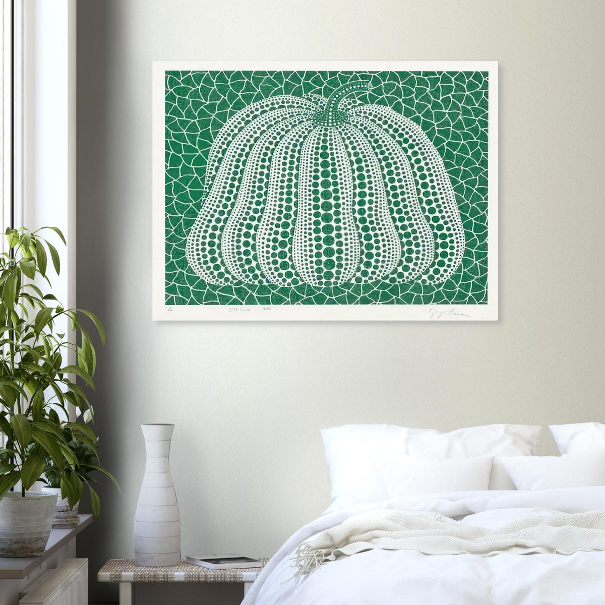 Yayoi Kusama poster — Pumpkin Green presents Kusama’s familiar pumpkin through an explicitly green variation