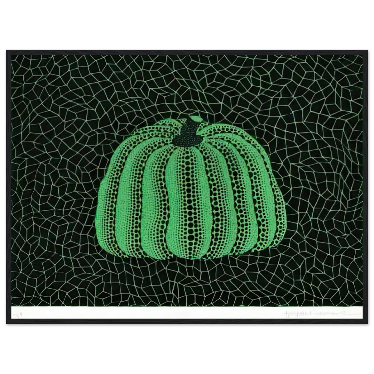 Yayoi Kusama framed print — Pumpkin (Green, Version 2) presents Kusama’s familiar pumpkin through an explicitly green variation, black frame, 60x80 cm / 24x32″