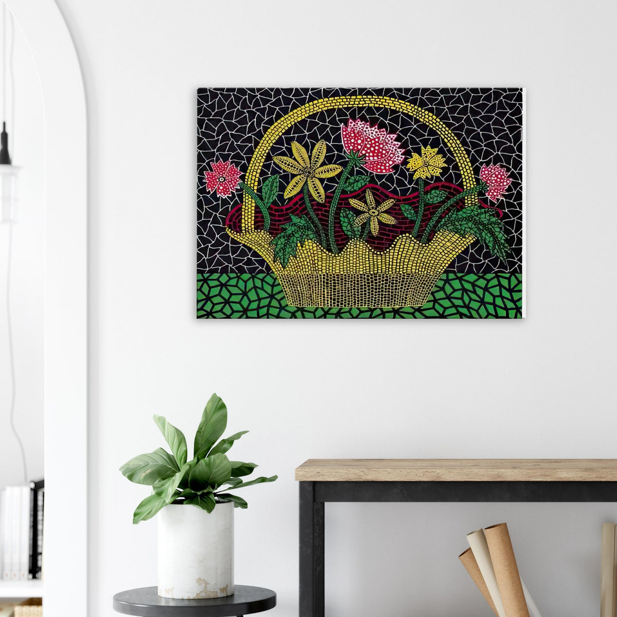 Yayoi Kusama canvas print — Flower Basket brings a traditional still-life arrangement into Kusama’s unmistakably decorative, pattern-driven world