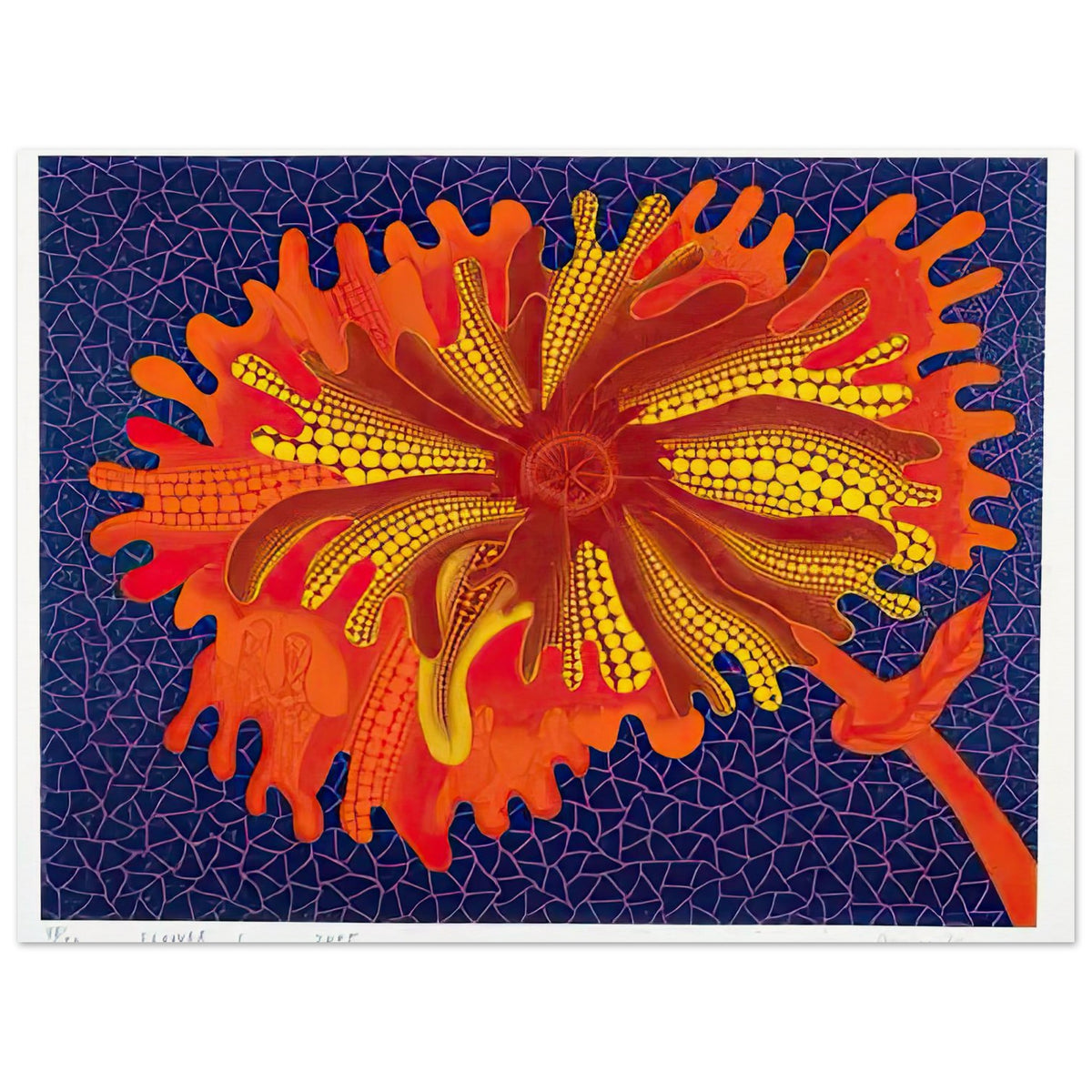 Yayoi Kusama poster — Flower (C) treats a single flowering motif as a complete visual world, 15x20 cm / 6x8″