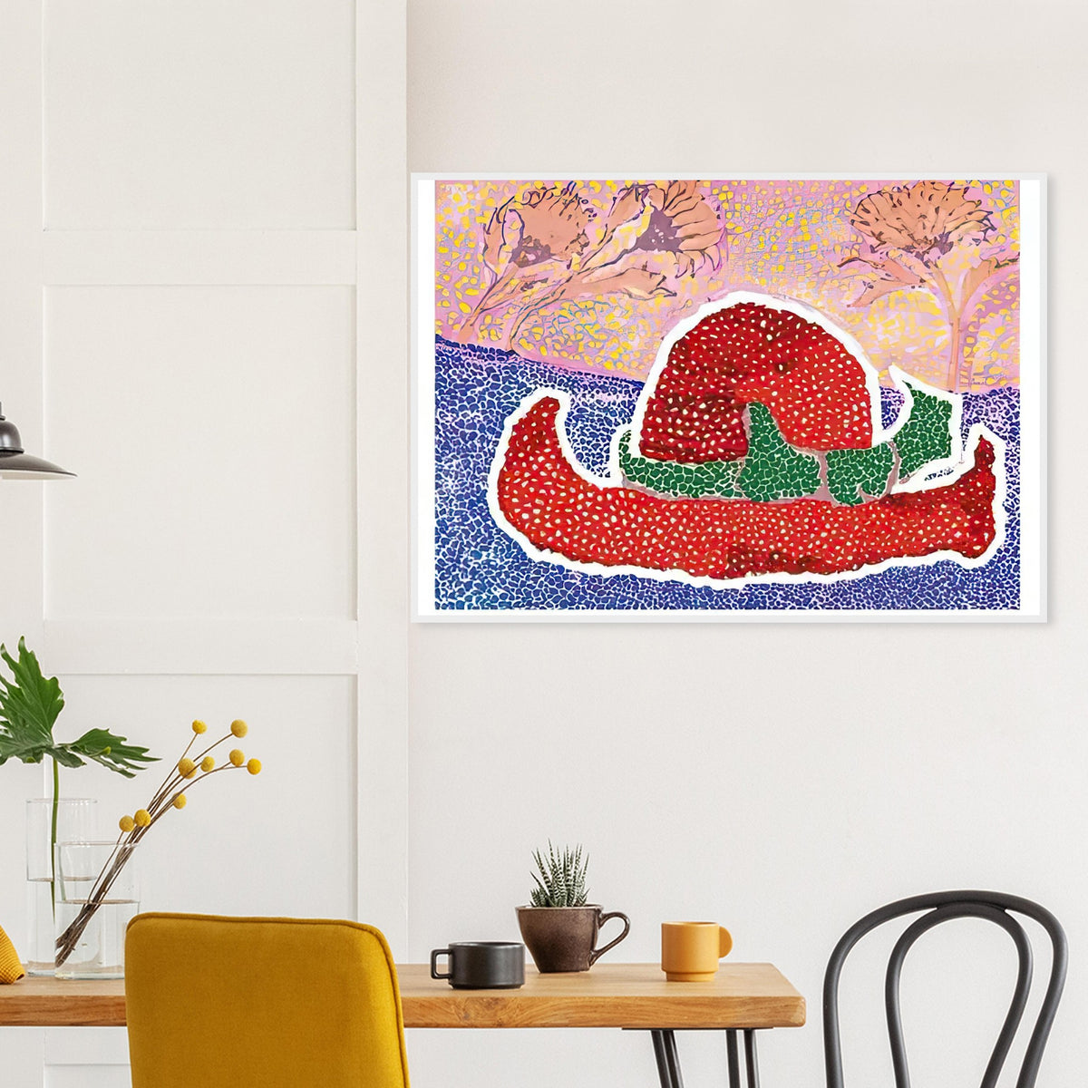 Yayoi Kusama framed print — Hat Left Behind in the Field turns an unattended accessory into a scene with an implied human presence