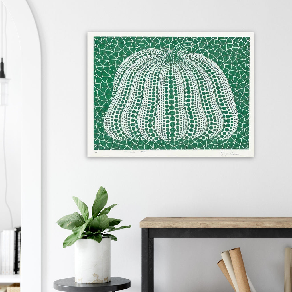 Yayoi Kusama poster — Pumpkin Green presents Kusama’s familiar pumpkin through an explicitly green variation