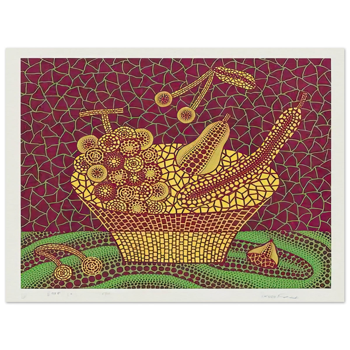Yayoi Kusama poster — Fruit Basket (3) by Yayoi Kusama explores one of the artist’s recurring subjects: the abundance of ordinary fruit, 45x60 cm / 18x24″