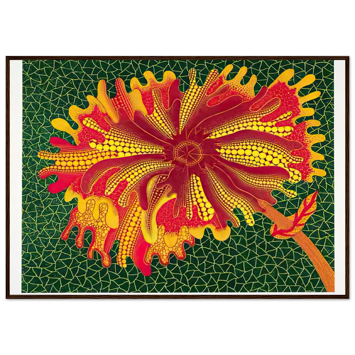 Yayoi Kusama framed print — Flower (A) treats a single flowering motif as a complete visual world, dark wood frame, 70x100 cm / 28x40″